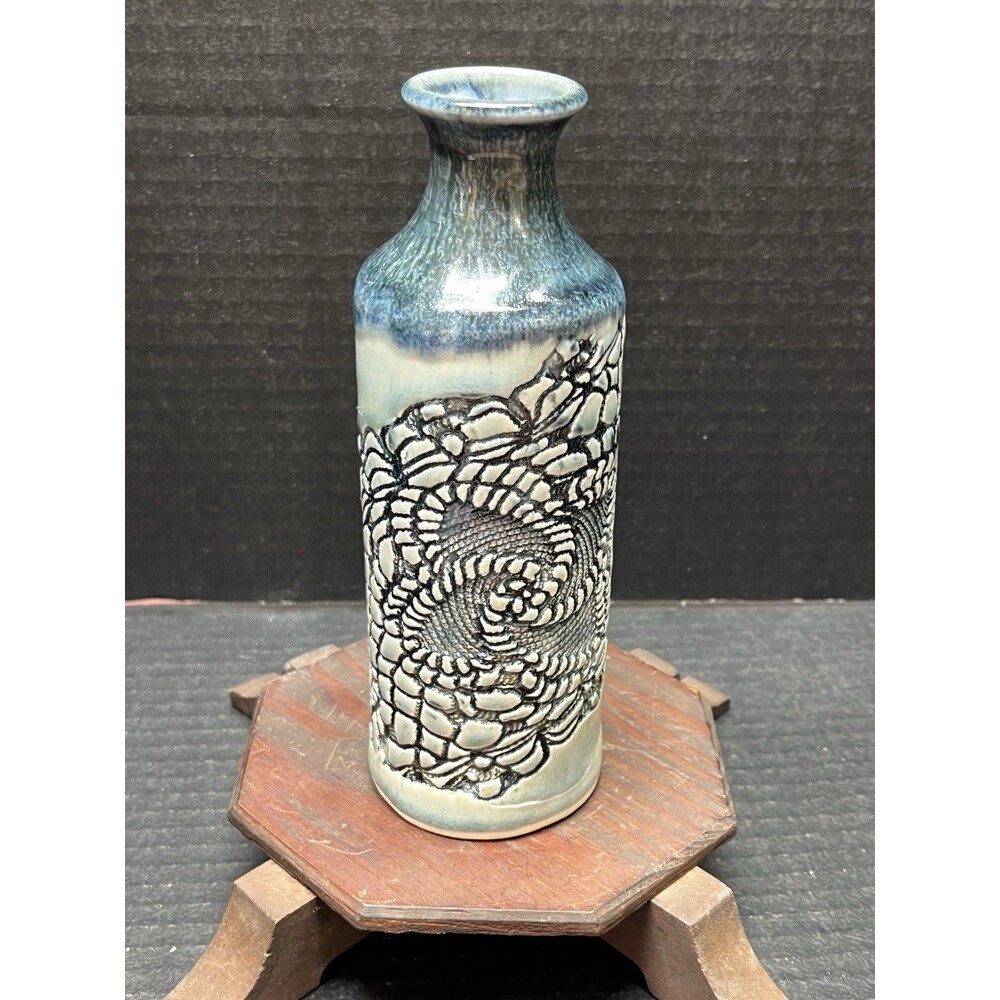 Blue Green Floral Nautical 7.5" Vase Studio Art Pottery Jane Holden Handmade
